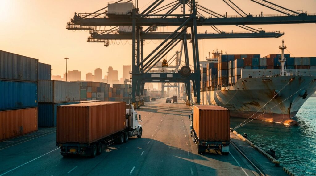 DDP shipping into the USA: container trucks leaving a US port terminal at sunset, cleared through customs and headed for final delivery