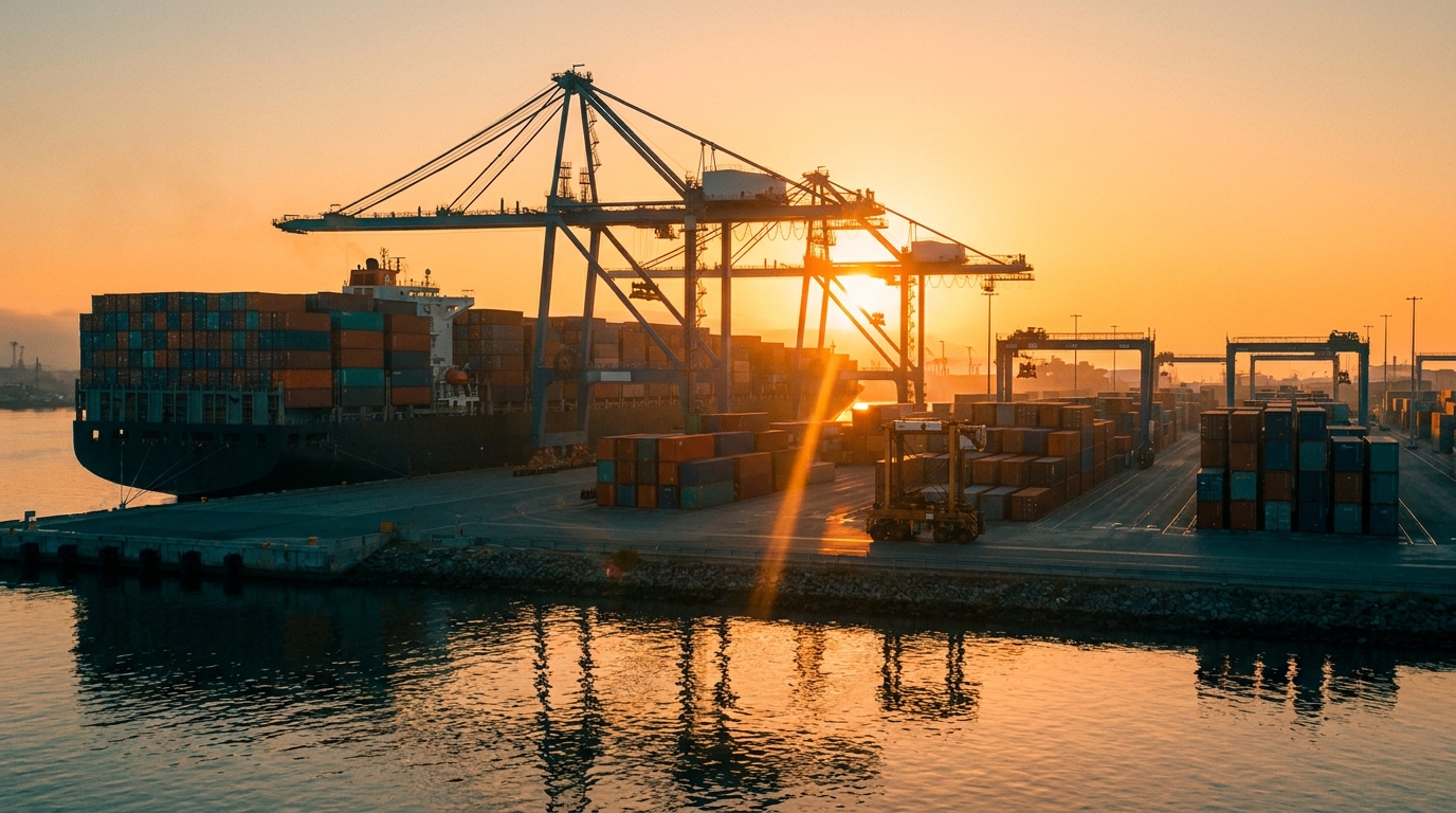 Container ship under gantry cranes at a US port at sunset, where Delivered Duty Paid imports clear customs