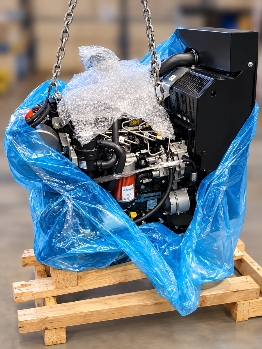 Industrial engine wrapped and repalletized for export by DGL Logistics