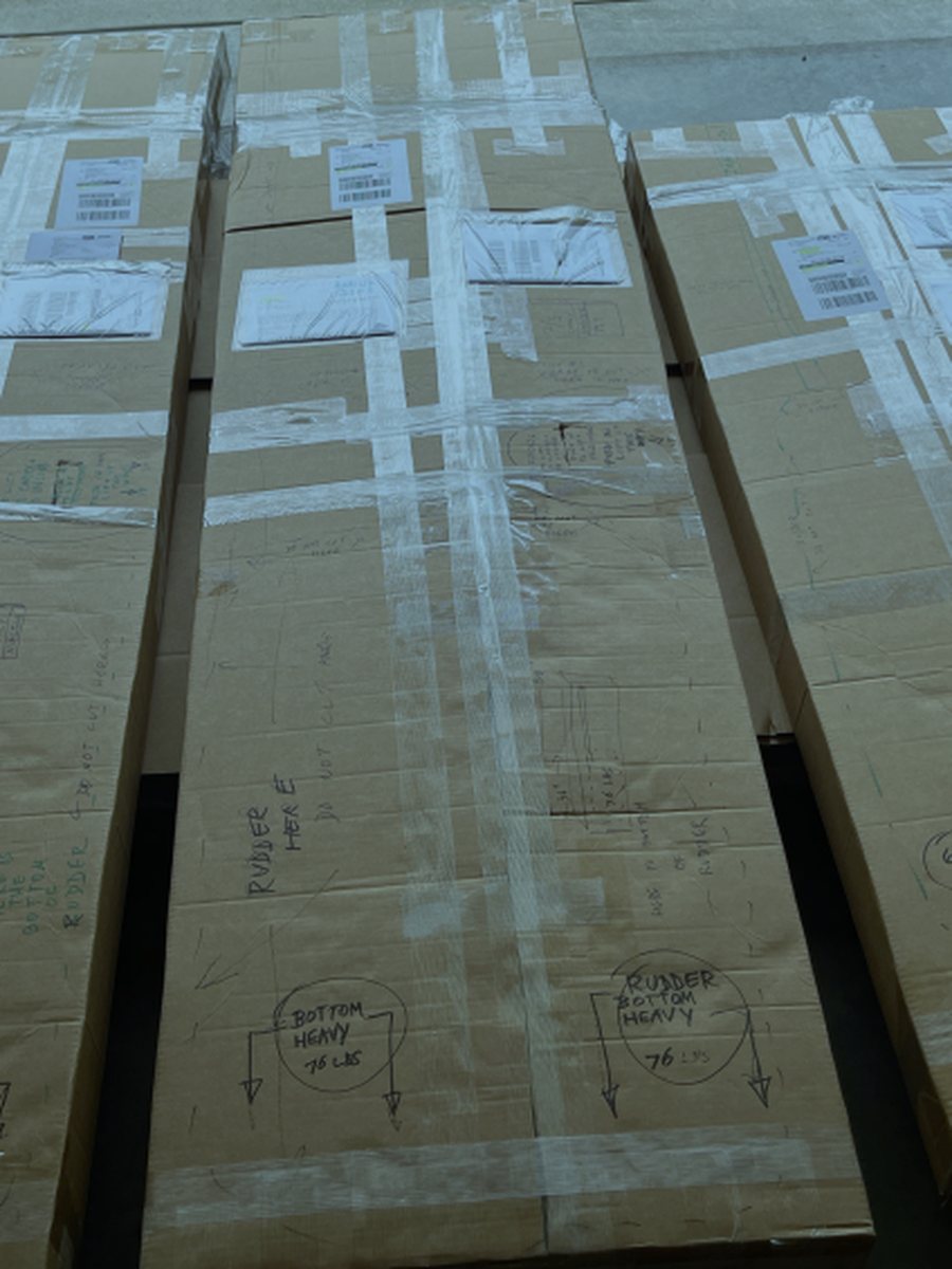Three yacht rudders packed for air freight export to Fiji by DGL Logistics